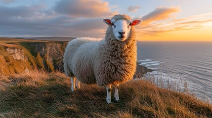 Fototapeta premium fluffy white sheep stands in a lush green meadow filled with rolling hills and a stunning coastal view, where deep blue ocean waves crash against rugged cliffs.