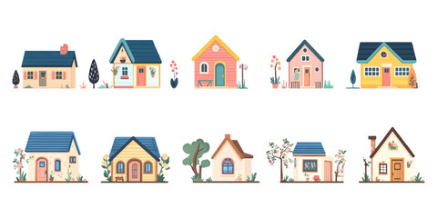 vector illustration of a set of wooden tiny houses with different shapes and colors, isolated on a white background.