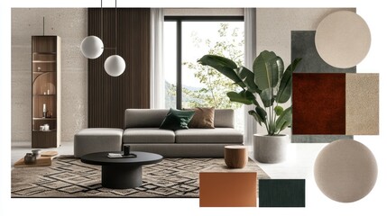 Modern living room design, neutral palette, plant, mountain view, mood board