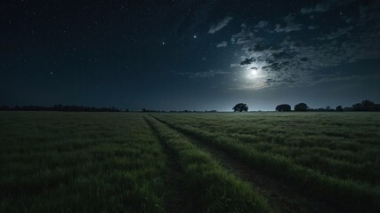 Fototapeta premium A serene night landscape with a moonlit sky and grassy field, featuring a winding path under the stars.