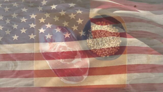 American flag pattern overlaying raw steak and beans in creative animation design