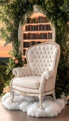 Elegant Chair, Bookshelf, Garden