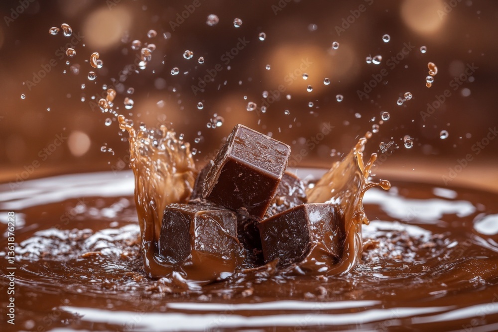 Poster Chocolate cubes splashing in rich liquid confection creating dynamic swirl patterns