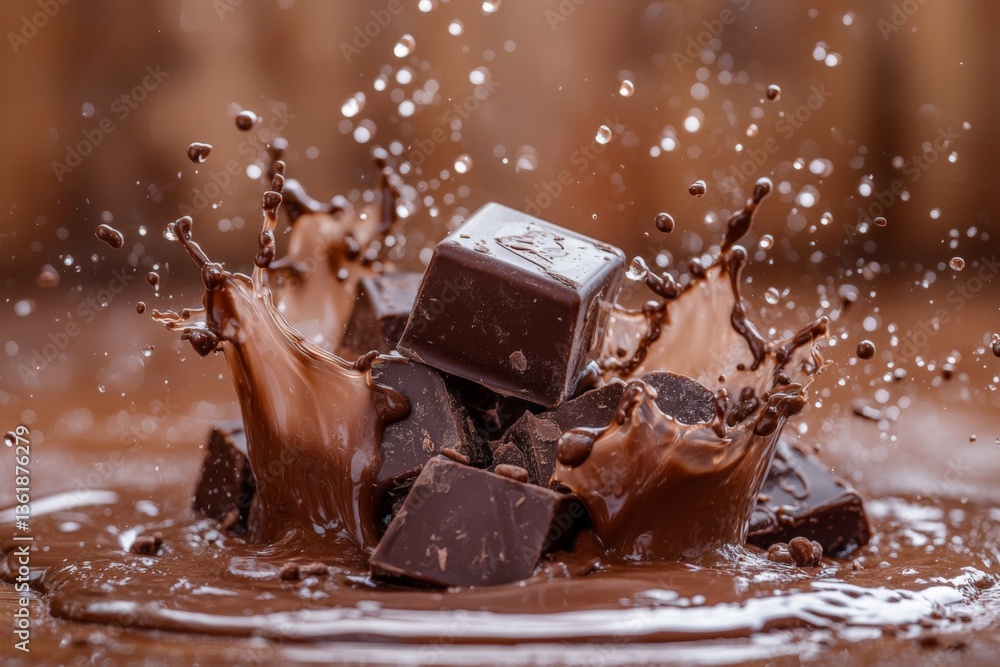 Poster Dark chocolate pieces splash into melted chocolate creating dynamic patterns with water droplets in a warm setting