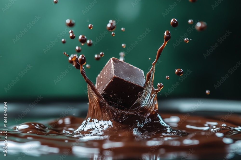 Aufkleber Chocolate cube splashes into liquid chocolate creating dynamic droplets in a close-up view