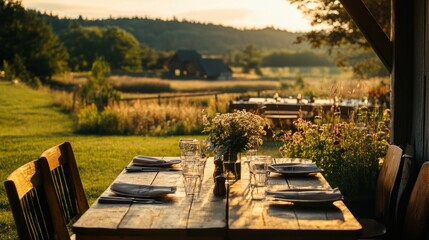 Rustic Outdoor Dinner Setting at Sunset
