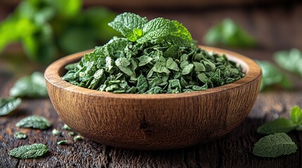 a wooden bowl filled with dried mint leaves sits on a wooden surface the light background highlights the green color,fine texture of the mint