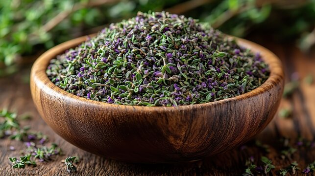 a wooden bowl filled with dried mountain thyme kekik da rests on a wooden surface the aromatic thyme with its greenish,purplish hues highlights its natural flavorful qualities
