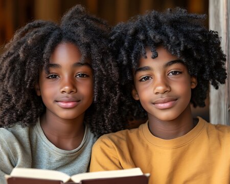Twin siblings reading indoors