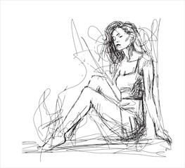 Vector illustration of woman. Girl drawn with ink. Line drawing. Hand drawn. Curved lines. Chaos of lines. Ink sketch. Doodle art. Creative drawing. Chaotic process of lines. Woman sitting