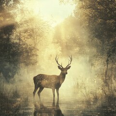 Obraz premium Majestic Deer in Misty Golden Forest at Dawn