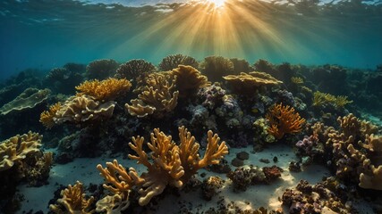 Obraz premium Underwater scene showcasing vibrant coral reefs illuminated by sunlight.
