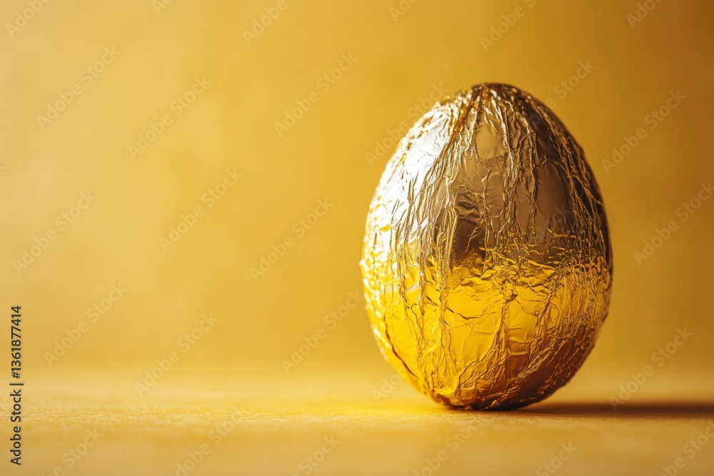 Poster gilded chocolate egg sits on a warm, golden surface, capturing light and creating an inviting atmosp