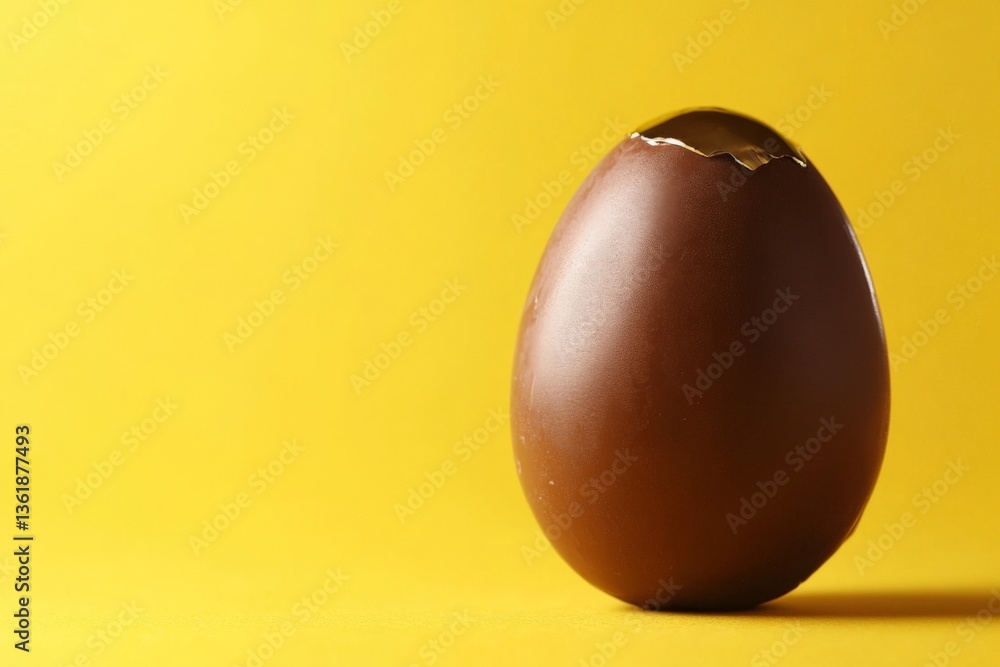 Poster chocolate egg with a cracked shell resting against a bright yellow background during springtime fest