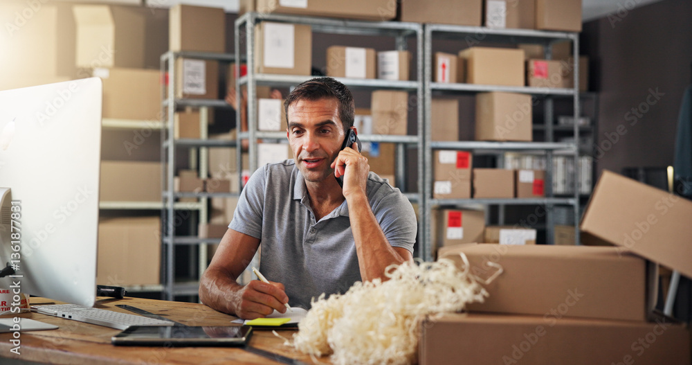Poster computer, logistics and phone call with man in distribution center for communication or update. boxe