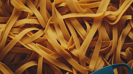 Fresh uncooked pasta noodles arranged in a beautiful and chaotic manner