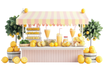 A Charming Lemonade Stand Overflowing With Sunshine-yellow Lemons And Refreshing Drinks, Ready To Quench Summer Thirst In A Pastel Pink And Yellow Setting Isolated on Transparent Background