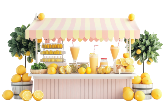 A Charming Lemonade Stand Overflowing With Sunshine-yellow Lemons And Refreshing Drinks, Ready To Quench Summer Thirst In A Pastel Pink And Yellow Setting Isolated on Transparent Background