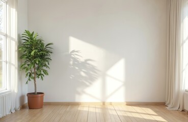 Illustration of modern interior room with a plant. White wall, wooden floor, sunlight, window, curtains, shadow of plants on the wall. Home decor, design, apartment, empty blank space.
