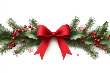 Festive Christmas decoration featuring red ribbon and greenery against a white background