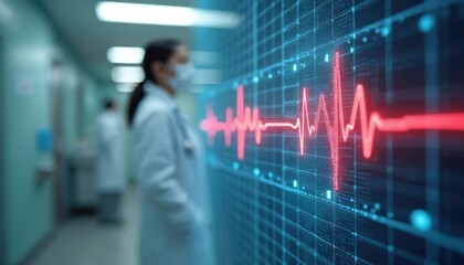 Modern medical tech with heart rate graph display. Blurred hospital background, doctor in focus. Vital signs analysis, innovative cardiology tech, medical diagnostics, health care futuristic concept.