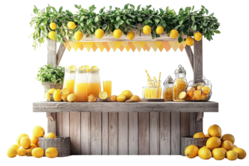 A Charming Rustic Lemonade Stand Overflowing With Fresh Lemons And Sunshine-yellow Drinks, Adorned With Lush Greenery And Festive Bunting, Creating A Delightful Summer Scene Isolated on Transparent Ba