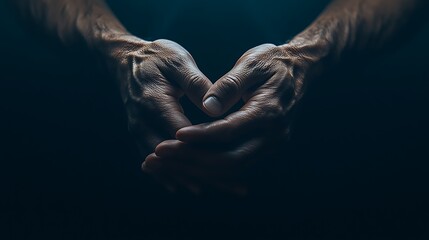 Close-up of clasped hands in darkness.
