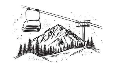 Ski lift in the mountains hand drawn illustration.	
