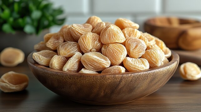 a wooden bowl filled with dried terminalia citrina rests on a wooden surface the light background highlights the wrinkled texture,brown color of the fruits