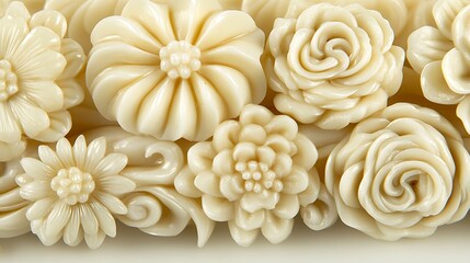 Close-up of carved ivory-colored flowers.