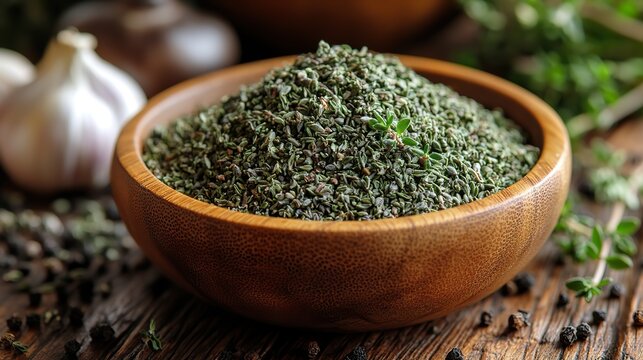 a wooden bowl filled with dried thyme balls kekik bilye sits on a wooden surface the small greenish round thyme balls showcase their unique shape,aromatic qualities