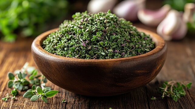 a wooden bowl filled with dried thyme balls kekik bilye sits on a wooden surface the small greenish round thyme balls showcase their unique shape,aromatic qualities