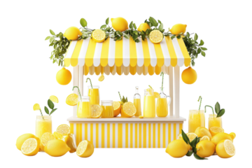A Cheerful Lemonade Stand Overflowing With Sunshine-yellow Lemons And Refreshing Drinks, Perfectly Arranged Under A Striped Awning, Creating A Vibrant Summer Scene Isolated on Transparent Background