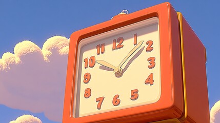 An orange square clock against a bright blue cloudy sky