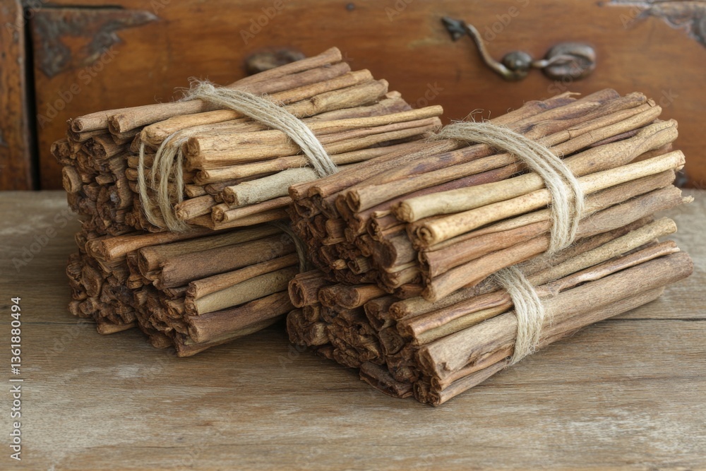 Poster Stacks of bundled cinnamon sticks arranged on a rustic wooden surface in a warm and inviting setting