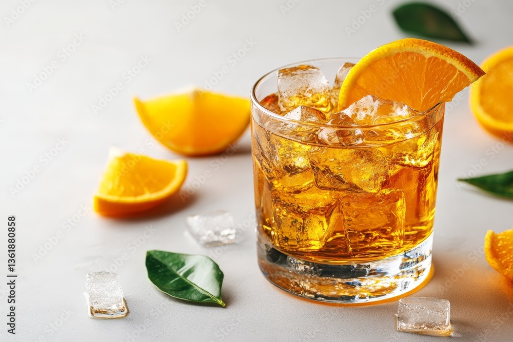 Poster refreshing citrus cocktail with ice and orange slices on a light background