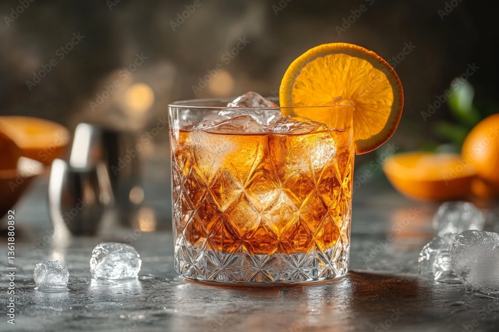 Poster cocktail served in a crystal glass garnished with an orange slice and ice cubes on a rustic table