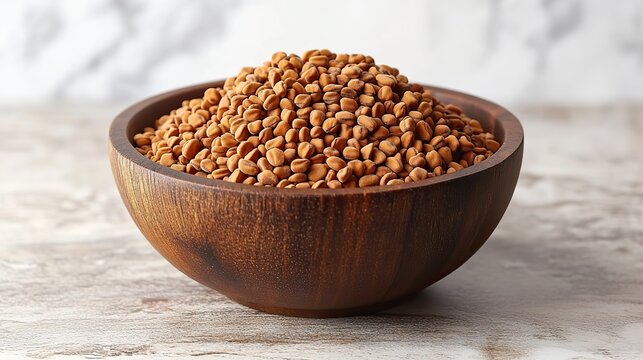 a wooden bowl filled with fenugreek seeds sits on a wooden surface against a white background the seeds are golden brown showcasing their small angular shape,smooth texture