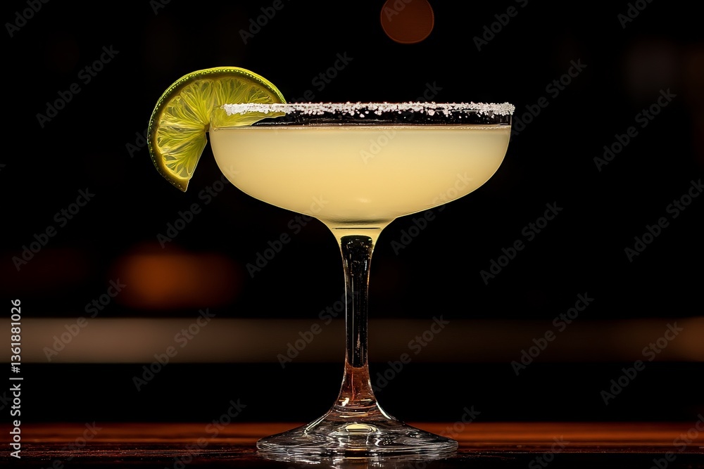 Poster refreshing cocktail with lime garnish served in elegant glass at a bar during evening hours