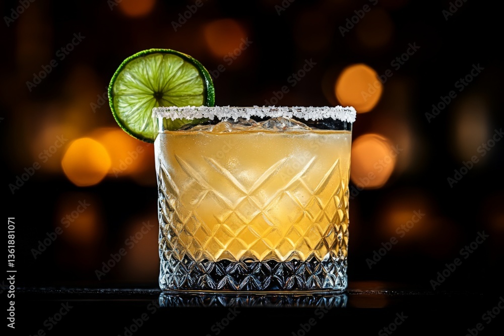 Poster refreshing cocktail with lime garnish served on a bar counter during an evening gathering