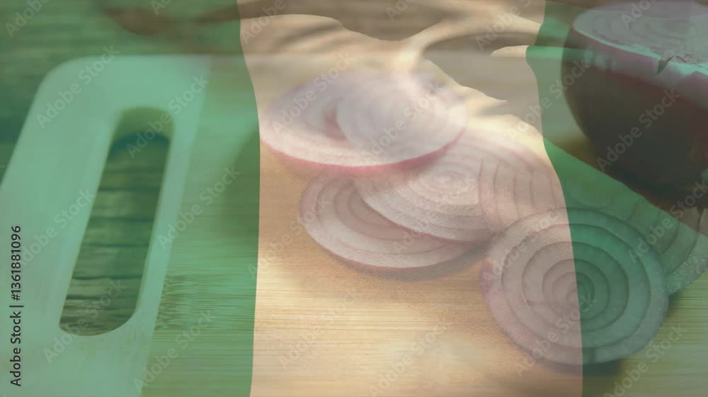 Poster nigerian flag animation overlay on cutting board with sliced red onions