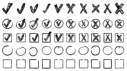 Check marks doodle set. Vote, yes, no, checkbox, checklist, tick and cross signs, v and x drawn concept. Hand drawn crayon sketch style vector illustration 