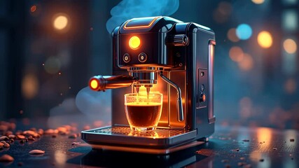 Futuristic coffee machine with glowing, AI-enhanced brewing animations. Dynamic brewing process with glowing coffee streams - Powered by Adobe
