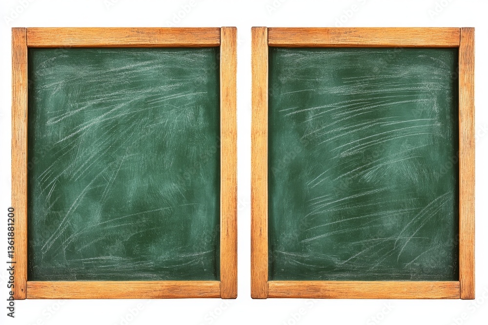 Poster two empty chalkboards ready for new lessons in a classroom setting during daytime