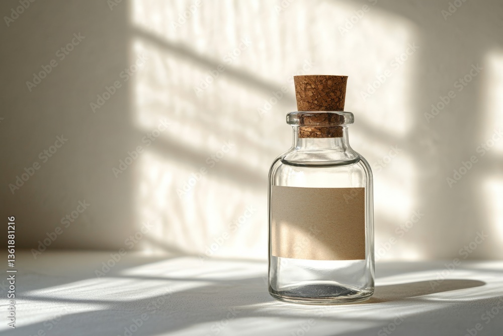 Poster glass bottle with cork lid sits on a table illuminated by sunlight casting shadows in a minimalist s
