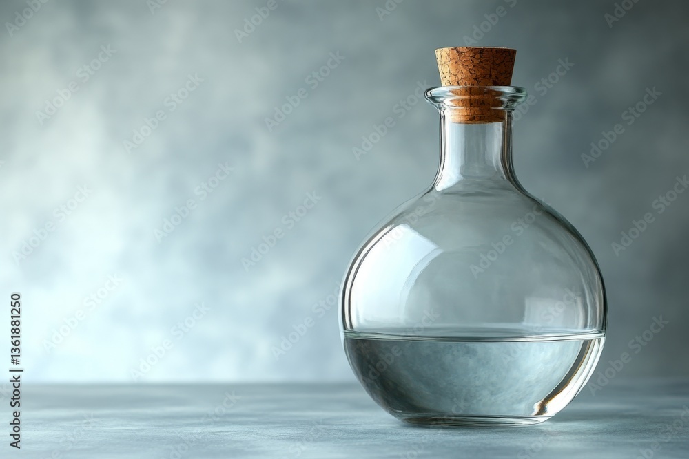 Poster glass bottle filled with clear water sitting on a textured surface with a cork stopper in a subtle l