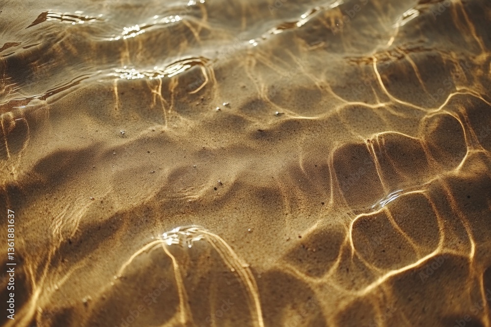 Poster waves gently ripple over sandy beach at sunset, creating mesmerizing patterns in the water