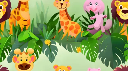 A colorful illustration featuring cartoon animals in a lush jungle setting.
