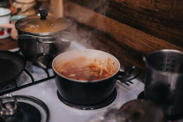 A cozy kitchen setting with a cooking pot on the stove simmering a hearty stew.