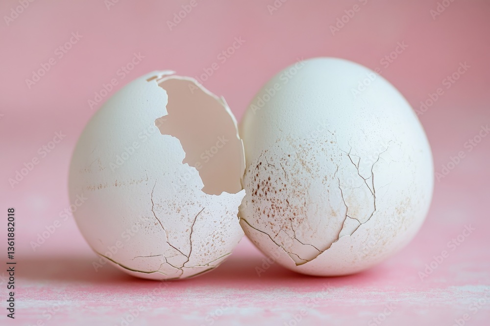 Poster cracked eggshells on a soft pink background create a delicate still life composition of new beginnin